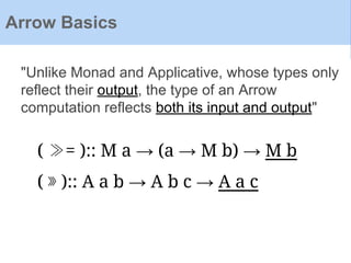 Arrow Basics
"Unlike Monad and Applicative, whose types only
reflect their output, the type of an Arrow
computation reflects both its input and output"
( ≫= ):: M a → (a → M b) → M b
( ⋙ ):: A a b → A b c → A a c
 