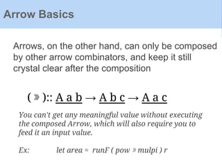 Arrow Basics
Arrows, on the other hand, can only be composed
by other arrow combinators, and keep it still
crystal clear after the composition
( ⋙ ):: A a b → A b c → A a c
You can't get any meaningful value without executing
the composed Arrow, which will also require you to
feed it an input value.
Ex: let area = runF ( pow ⋙ mulpi ) r
 