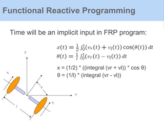 Time will be an implicit input in FRP program:
Functional Reactive Programming
x = (1/2) * ((integral (vr + vl)) * cos θ)
θ = (1/l) * (integral (vr - vl))
 
