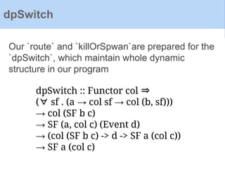 Our `route` and `killOrSpwan`are prepared for the
`dpSwitch`, which maintain whole dynamic
structure in our program
dpSwitch
dpSwitch :: Functor col ⇒
(∀ sf . (a → col sf → col (b, sf)))
→ col (SF b c)
→ SF (a, col c) (Event d)
→ (col (SF b c) -> d -> SF a (col c))
→ SF a (col c)
 