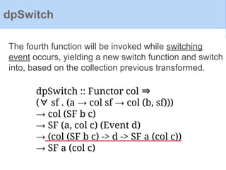dpSwitch :: Functor col ⇒
(∀ sf . (a → col sf → col (b, sf)))
→ col (SF b c)
→ SF (a, col c) (Event d)
→ (col (SF b c) -> d -> SF a (col c))
→ SF a (col c)
The fourth function will be invoked while switching
event occurs, yielding a new switch function and switch
into, based on the collection previous transformed.
dpSwitch
 