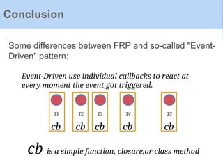 Some differences between FRP and so-called "Event-
Driven" pattern:
Conclusion
Event-Driven use individual callbacks to react at
every moment the event got triggered.
T1 T2 T3 T4 T5
cb
cb is a simple function, closure,or class method
cb cb cb cb
 
