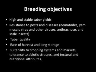 Breeding objectives
• High and stable tuber yields
• Resistance to pests and diseases (nematodes, yam
mosaic virus and other viruses, anthracnose, and
scale insects)
• Tuber quality
• Ease of harvest and long storage
• suitability to cropping systems and markets,
tolerance to abiotic stresses, and textural and
nutritional attributes.
 