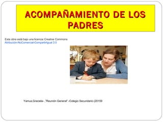 ACOMPAÑAMIENTO DE LOSACOMPAÑAMIENTO DE LOS
PADRESPADRES
Esta obra está bajo una licencia Creative Commons
Atribución-NoComercial-CompartirIgual 3.0
Yamus,Graciela- ,”Reunión General”.-Colegio Secundario (20159
 