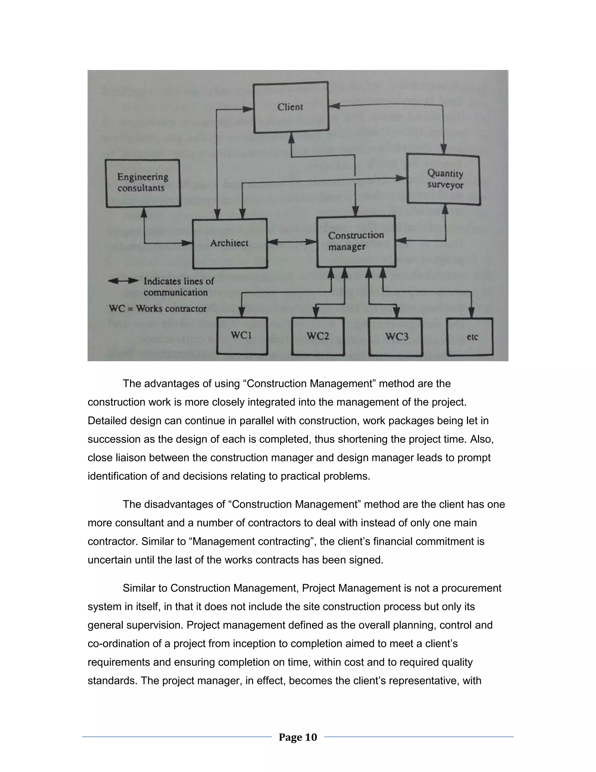Page 10 
The advantages of using “Construction Management” method are the construction work is more closely integrated into the management of the project. Detailed design can continue in parallel with construction, work packages being let in succession as the design of each is completed, thus shortening the project time. Also, close liaison between the construction manager and design manager leads to prompt identification of and decisions relating to practical problems. 
The disadvantages of “Construction Management” method are the client has one more consultant and a number of contractors to deal with instead of only one main contractor. Similar to “Management contracting”, the client’s financial commitment is uncertain until the last of the works contracts has been signed. 
Similar to Construction Management, Project Management is not a procurement system in itself, in that it does not include the site construction process but only its general supervision. Project management defined as the overall planning, control and co-ordination of a project from inception to completion aimed to meet a client’s requirements and ensuring completion on time, within cost and to required quality standards. The project manager, in effect, becomes the client’s representative, with  