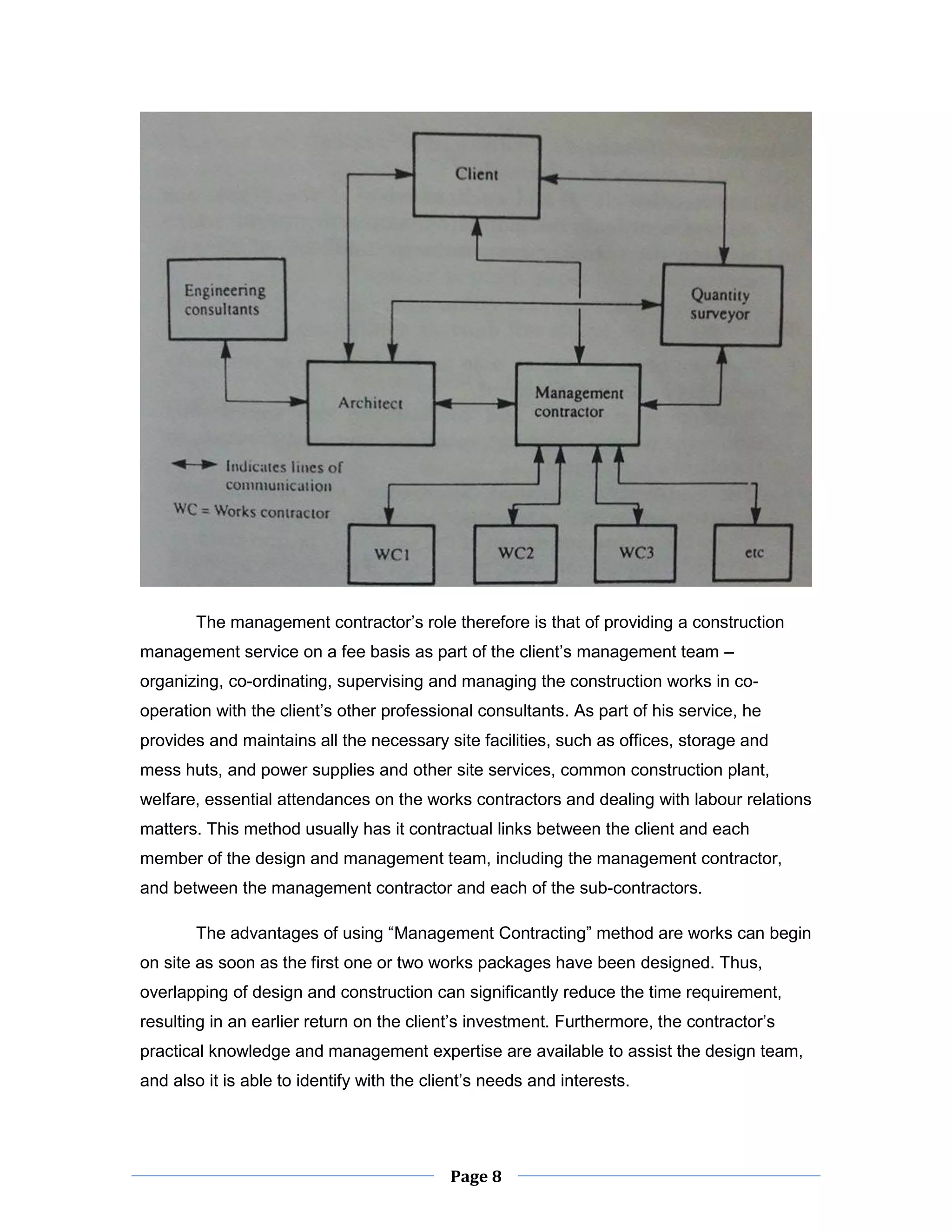 Page 8 
The management contractor’s role therefore is that of providing a construction management service on a fee basis as part of the client’s management team – organizing, co-ordinating, supervising and managing the construction works in co- operation with the client’s other professional consultants. As part of his service, he provides and maintains all the necessary site facilities, such as offices, storage and mess huts, and power supplies and other site services, common construction plant, welfare, essential attendances on the works contractors and dealing with labour relations matters. This method usually has it contractual links between the client and each member of the design and management team, including the management contractor, and between the management contractor and each of the sub-contractors. 
The advantages of using “Management Contracting” method are works can begin on site as soon as the first one or two works packages have been designed. Thus, overlapping of design and construction can significantly reduce the time requirement, resulting in an earlier return on the client’s investment. Furthermore, the contractor’s practical knowledge and management expertise are available to assist the design team, and also it is able to identify with the client’s needs and interests.  