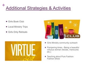 +
    Additional Strategies & Activities

       Girls Book Club

       Local Ministry Trips

       Girls Only Retreats



                                  Girls Ministry community outreach

                                  Pampering times - Being a beautiful
                                   virtuous woman (facials, manicures
                                   etc.)

                                  Teaching about Pure Fashion:
                                   Fashion Show
 