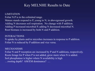 Key MELNHE Results to Date
LIMITATION
Foliar N:P is in the colimited range.
Mature stands respond to P, young to N, in aboveground growth.
Adding N decreases soil respiration. No change with P addition.
Adding P increased microbial P, adding N decreased microbial N.
Root biomass is increased by both N and P addition.
INTERACTIONS
N uptake by plants and/or microbes increases in response to P addition.
Foliar N is reduced by P addition and vice versa.
MECHANISMS
Foliar N and P resorption are increased by P and N additions, respectively.
Roots forage for P when P is not added, grow more when N is added.
Soil phosphatase is higher where N availability is high
…rooting depth? AM/EM dominance? …
 