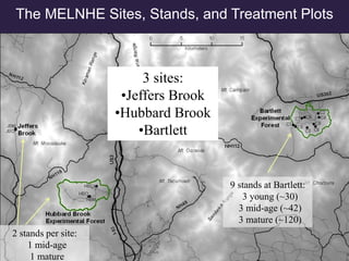 3 sites:
•Jeffers Brook
•Hubbard Brook
•Bartlett
2 stands per site:
1 mid-age
1 mature
9 stands at Bartlett:
3 young (~30)
3 mid-age (~42)
3 mature (~120)
The MELNHE Sites, Stands, and Treatment Plots
 