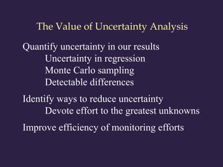 The Value of Uncertainty Analysis
Quantify uncertainty in our results
Uncertainty in regression
Monte Carlo sampling
Detectable differences
Identify ways to reduce uncertainty
Devote effort to the greatest unknowns
Improve efficiency of monitoring efforts
 