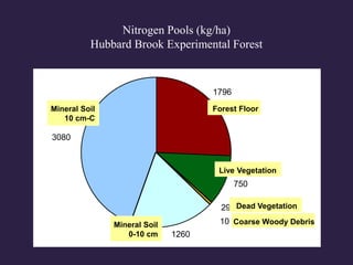 Nitrogen Pools (kg/ha)
Hubbard Brook Experimental Forest
1796
29
10
1260
750
3080
Forest Floor
Live Vegetation
Coarse Woody Debris
Mineral Soil
10 cm-C
Dead Vegetation
Mineral Soil
0-10 cm
 