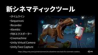 ・タイムライン


・Sequences


・Recorder


・Alembic


・FBXエクスポーター


・Cinemachine


・Unity Virtual Camera


・Unity Face Capture
新シネマティックツール
https://blog.unity.com/ja/entertainment/its-showtime-new-tools-for-cinematic-creators
 