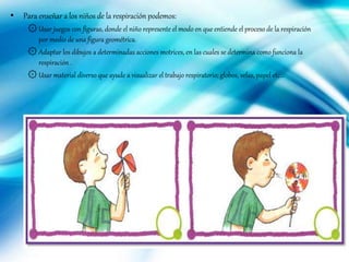 • Para enseñar a los niños de la respiración podemos:
۞ Usar juegos con figuras, donde el niño represente el modo en que entiende el proceso de la respiración
por medio de una figura geométrica.
۞ Adaptar los dibujos a determinadas acciones motrices, en las cuales se determina como funciona la
respiración .
۞ Usar material diverso que ayude a visualizar el trabajo respiratorio; globos, velas, papel etc…
 