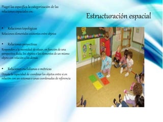 Piaget las especifica la categorización de las
relaciones espaciales en:
• Relaciones topológicas
Relaciones elementales existentes entre objetos
• Relaciones proyectivas
Responden a la necesidad de situar, en función de una
perspectiva dada, los objetos o los elementos de un mismo
objeto con relación a los demás
• Relaciones euclidianas o métricas
Denota la capacidad de coordinar los objetos entre si en
relación con un sistemas o unas coordenadas de referencia
Estructuración espacial
 