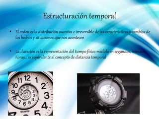 Estructuración temporal
• El orden es la distribución sucesiva e irreversible de las características y cambios de
los hechos y situaciones que nos acontecen
• La duración es la representación del tiempo físico medido en segundos, minutos,
horas… es equivalente al concepto de distancia temporal
 