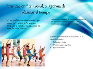 “orientación “ temporal, o la forma de
plasmar el tiempo
• el cuerpo deviene un instrumento que
puede hacer visible la “ocupación
temporal” a través de su capacidad de
manifestación rítmica
• La estructura temporal de las diversas secuencias
del movimiento remite la capacidad de
organización temporal representada por el ritmo.
Sistemas que intervienen en el desarrollo de la
capacidad rítmica:
• Inducción rítmica
• Discriminación cognitiva
• Ejecución motriz
 
