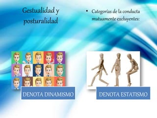 Gestualidad y
posturalidad
• Categorías de la conducta
mutuamente excluyentes:
DENOTA DINAMISMO DENOTA ESTATISMO
 