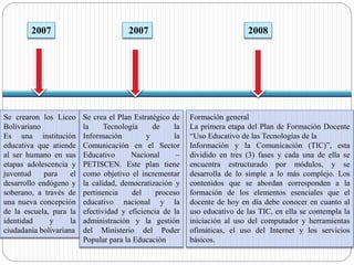 2007 
Se crearon los Liceo 
Bolivariano 
Es una institución 
educativa que atiende 
al ser humano en sus 
etapas adolescencia y 
juventud para el 
desarrollo endógeno y 
soberano, a través de 
una nueva concepción 
de la escuela, para la 
identidad y la 
ciudadanía bolivariana 
2007 
Se crea el Plan Estratégico de 
la Tecnología de la 
Información y la 
Comunicación en el Sector 
Educativo Nacional – 
PETISCEN. Este plan tiene 
como objetivo el incrementar 
la calidad, democratización y 
pertinencia del proceso 
educativo nacional y la 
efectividad y eficiencia de la 
administración y la gestión 
del Ministerio del Poder 
Popular para la Educación 
2008 
Formación general 
La primera etapa del Plan de Formación Docente 
“Uso Educativo de las Tecnologías de la 
Información y la Comunicación (TIC)”, esta 
dividido en tres (3) fases y cada una de ella se 
encuentra estructurado por módulos, y se 
desarrolla de lo simple a lo más complejo. Los 
contenidos que se abordan corresponden a la 
formación de los elementos esenciales que el 
docente de hoy en día debe conocer en cuanto al 
uso educativo de las TIC, en ella se contempla la 
iniciación al uso del computador y herramientas 
ofimáticas, el uso del Internet y los servicios 
básicos. 
 