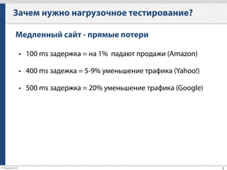 Виды тестирования «под нагрузкой»
12
Stability testing (тестирование стабильности)
• Что происходит с моей системой/компонентом под
длительной постоянной нагрузкой? 
!
• Не ухудшается ли производительность со временем?
• Как потребляются ресурсы с течением времени?
 