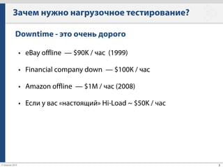 Виды тестирования «под нагрузкой»
7
Load testing (нагрузочное тестирование)
• Какова максимально выдерживаемая нагрузка?
• Какой у нас есть запас по прочности?
• Через какое время запаса по прочности не хватит?
• Где наше узкое место?
 