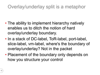 17
• The ability to implement hierarchy natively
enables us to ditch the notion of hard
overlay/underlay boundary.
• In a stack of DC-label, ToR-label, port-label,
slice-label, vm-label, where's the boundary of
overlay/underlay? Not in the packet
• Placement of the boundary only depends on
how you structure your control
Overlay/underlay split is a metaphor
 