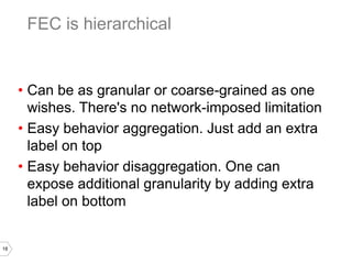 18
• Can be as granular or coarse-grained as one
wishes. There's no network-imposed limitation
• Easy behavior aggregation. Just add an extra
label on top
• Easy behavior disaggregation. One can
expose additional granularity by adding extra
label on bottom
FEC is hierarchical
 