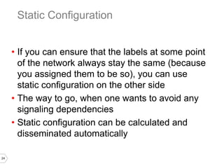24
• If you can ensure that the labels at some point
of the network always stay the same (because
you assigned them to be so), you can use
static configuration on the other side
• The way to go, when one wants to avoid any
signaling dependencies
• Static configuration can be calculated and
disseminated automatically
Static Configuration
 