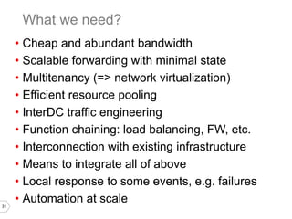 31
• Cheap and abundant bandwidth
• Scalable forwarding with minimal state
• Multitenancy (=> network virtualization)
• Efficient resource pooling
• InterDC traffic engineering
• Function chaining: load balancing, FW, etc.
• Interconnection with existing infrastructure
• Means to integrate all of above
• Local response to some events, e.g. failures
• Automation at scale
What we need?
 