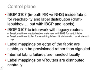 35
• iBGP 3107 (in-path RR w/ NHS) inside fabric
for reachabilty and label distribution (draft-
lapukhov…, but with iBGP and labels)
• iBGP 3107 to interwork with legacy routers
– Session with connected network element with NHS for switch label
– Session with controller for remaining labels, binds to switch label via next
hop
• Label mappings on edge of the fabric are
stable, can be provisioned rather than signaled
• Internal fabric failures are handled locally
• Label mappings on vRouters are distributed
centrally
Control plane
 