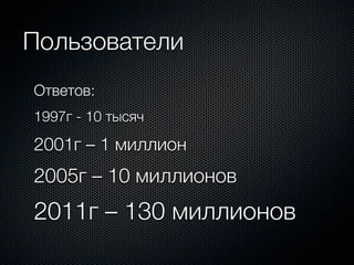 Пользователи
Ответов:
1997г - 10 тысяч

2001г – 1 миллион
2005г – 10 миллионов
2011г – 130 миллионов
 