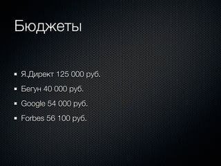 Бюджеты

Я.Директ 125 000 руб.
Бегун 40 000 руб.
Google 54 000 руб.
Forbes 56 100 руб.
 