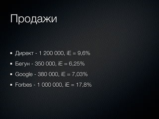 Продажи

Директ - 1 200 000, iE = 9,6%
Бегун - 350 000, iE = 6,25%
Google - 380 000, iE = 7,03%
Forbes - 1 000 000, iE = 17,8%
 