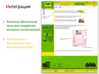 Интеграция

o Зеленым обозначены
  зоны для внедрения
  основных иллюстраций

o Желтые зоны –
  пространства для
  фоновых рисунков
 