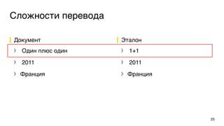 Сложности перевода
Документ
〉 Один плюс один
〉 2011
〉 Франция
Эталон
〉 1+1
〉 2011
〉 Франция
25
 