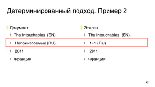 Детерминированный подход. Пример 2
Документ
〉 The Intouchables (EN)
〉 Неприкасаемые (RU)
〉 2011
〉 Франция
Эталон
〉 The Intouchables (EN)
〉 1+1 (RU)
〉 2011
〉 Франция
42
 