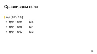 Сравниваем поля
год [ 0.2 - 0.6 ]
〉 1994 - 1994 [0.6]
〉 1994 - 1995 [0.4]
〉 1994 - 1960 [0.2]
52
 
