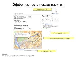 Эффективность показа визиток 1 %   пользователей копируют этот адрес CTR ссылки - 11% CTR ссылки - 2% CTR ссылки - 17% Источник: http://company.yandex.ru/blog/?msg=100308&month=5&year=2007 