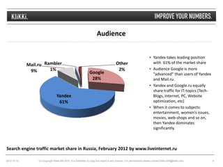 Audience


                                                                                                                         Yandex takes leading position
                                                                                                                          with 61% of the market share
             Mail.ru Rambler                                                             Other
                       1%                                                                 2%                             Audience Google is more
              9%                                                 Google                                                   “advanced” than users of Yandex
                                                                  28%                                                     and Mail.ru.
                                                                                                                         Yandex and Google.ru equally
                                                                                                                          share traffic for IT-topics (Tech-
                                  Yandex                                                                                  Blogs, Internet, PC, Website
                                   61%                                                                                    optimization, etc)
                                                                                                                         When it comes to subjects:
                                                                                                                          entertainment, women's issues,
                                                                                                                          movies, web-shops and so on,
                                                                                                                          then Yandex dominates
                                                                                                                          significantly.



Search engine traffic market share in Russia, February 2012 by www.liveinternet.ru

2012-10-10        (c) Copyright Klikki AB 2010. It is forbidden to copy this report in any manner. For permissions please contact Klikki info@klikki.com.      6
 
