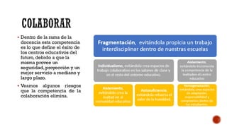 ▪ Dentro de la rama de la
docencia esta competencia
es lo que define el éxito de
los centros educativos del
futuro, debido a que la
misma provee un
seguridad, proyección y un
mejor servicio a mediano y
largo plazo.
▪ Veamos algunos riesgos
que la competencia de la
colaboración elimina.
 