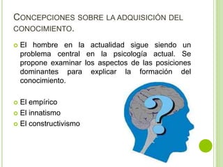 CONCEPCIONES SOBRE LA ADQUISICIÓN DEL
CONOCIMIENTO.
 El hombre en la actualidad sigue siendo un
problema central en la psicología actual. Se
propone examinar los aspectos de las posiciones
dominantes para explicar la formación del
conocimiento.
 El empírico
 El innatismo
 El constructivismo
 
