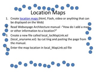 Location Maps
1. Create location maps (html, Flash, video or anything that can
   be displayed on the Web)
2. Read Webvoyage Architecture manual -“How do I add a map
   or other information to a location?”
3. Create a new file called local_locMapLink.xsl
   (local_anyname.xsl) by cut ting and pasting the page from
   the manual.
4. Enter the map location in local_MapLink.xsl file
 