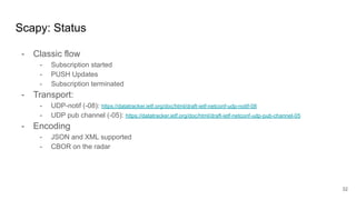 Scapy: Status
- Classic flow
- Subscription started
- PUSH Updates
- Subscription terminated
- Transport:
- UDP-notif (-08): https://datatracker.ietf.org/doc/html/draft-ietf-netconf-udp-notif-08
- UDP pub channel (-05): https://datatracker.ietf.org/doc/html/draft-ietf-netconf-udp-pub-channel-05
- Encoding
- JSON and XML supported
- CBOR on the radar
32
 