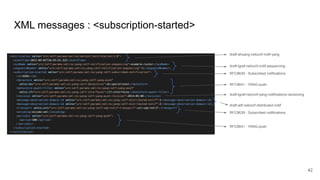 XML messages : <subscription-started>
42
draft-tgraf-netconf-notif-sequencing
draft-ahuang-netconf-notif-yang
draft-ietf-netconf-distributed-notif
RFC8639 - Subscribed notifications
RFC8641 - YANG-push
draft-tgraf-netconf-yang-notifications-versioning
RFC8639 - Subscribed notifications
RFC8641 - YANG-push
 