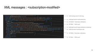 XML messages : <subscription-modified>
44
draft-tgraf-netconf-notif-sequencing
draft-ahuang-netconf-notif-yang
draft-ietf-netconf-distributed-notif
RFC8639 - Subscribed notifications
RFC8641 - YANG-push
draft-tgraf-netconf-yang-notifications-versioning
RFC8639 - Subscribed notifications
RFC8641 - YANG-push
 