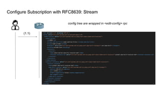 Configure Subscription with RFC8639: Stream
(1.1)
8
config tree are wrapped in <edit-config> rpc
 