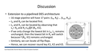 Scan Based Side Channel Attack on Data Encryption Standard
Discussion
21
• Extension to a pipelined DES architecture
– 16-stage pipeline will have 17 pairs: (L0, R0) … (L16, R16).
– L0 and R0 can be located first.
– L1 and R1 can be located by observing that
L1= R0 and R1=L0⊕f (R0, K1).
– If we only change the lowest bit in L0, L1 remains
unchanged, then the lowest bit in R1 will switch
because f (R0, K1) remains unchanged.
– Similarly, we can locate all flip-flops.
– Hence, we can recover round key K1, K2 and K3.
 
