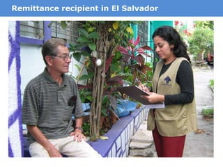 21
• Funding for education
– Eduremesa study with Viamericas (Ambler et al, 2015)
• Migrants direct remittances to education when
offered matching funds, but not otherwise
• Positive impacts on student outcomes in El Salvador
– Edupay study with Bank of the Philippine Islands (De
Arcangelis et al 2015)
• Filipino migrants send more remittances when
“labeled” for education
• Not much additional impact of directing funds to
schools
• Control over grocery expenditures (Torero and Viceisza 2013)
– No apparent demand for control in this domain
MotivationControl over other uses of remittances
 