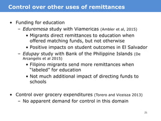 24
MotivationImpact on migrant savings, remittances
Savings Remittances
52,593
35,742
0
10,000
20,000
30,000
40,000
50,000
60,000
Low savings subsample
Indianrupees(INR)
Treatment Control
155,333
139,309
130,000
135,000
140,000
145,000
150,000
155,000
160,000
Low savings subsample
Indianrupees(INR)
Treatment Control
Source: Seshan and Yang (2014)
 