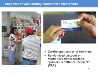 29
Time periods are 2-week intervals to reduce noise. Remittances are total $ sent during the 2-week
interval.
MotivationRemittances in $ to PRR
Discount period
$0
$50
$100
$150
$200
$250
$300
Totalremittances($)
Discount Control
• Clear positive impact on $
remittances to PRR
 