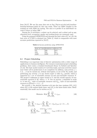 PSO and SVM for Business Optimization 63
form [10,17]. We use the same data sets at ftp://ftp.ics.uci.edu/pub/machine-
learning-databases/adult for this case study. There are 32561 samples in the
training set with 16281 for testing. The aim is to predict if an individual’s in-
come is above or below 50K ?
Among the 14 attributes, a subset can be selected, and a subset such as age,
education level, occupation, gender and working hours are commonly used.
Using the proposed APSO-SVM and choosing the limit value of C as 1.25, the
best error of 17.23% is obtained (see Table 2), which is comparable with most
accurate predictions reported in [10,17].
Table 2. Income prediction using APSO-SVM
Train set (size) Prediction set Errors (%)
512 256 24.9
1024 256 20.4
16400 8200 17.23
6.1 Project Scheduling
Scheduling is an important class of discrete optimization with a wider range of
applications in business intelligence. For resource-constrained project scheduling
problems, there exists a standard benchmark library by Kolisch and Sprecher
[11,12]. The basic model consists of J activities/tasks, and some activities cannot
start before all its predecessors h are completed. In addition, each activity j =
1, 2, ..., J can be carried out, without interruption, in one of the Mj modes, and
performing any activity j in any chosen mode m takes djm periods, which is
supported by a set of renewable resource R and non-renewable resources N.
The project’s makespan or upper bound is T, and the overall capacity of non-
renewable resources is Kν
r where r ∈ N. For an activity j scheduled in mode
m, it uses kρ
jmr units of renewable resources and kν
jmr units of non-renewable
resources in period t = 1, 2, ..., T.
For activity j, the shortest duration is ﬁt into the time windows [EFj, LFj]
where EFj is the earliest ﬁnish times, and LFj is the latest ﬁnish times. Math-
ematically, this model can be written as [11]
Minimize Ψ(x)
Mj
m=1
LFj
t=EFj
t · xjmt, (40)
subject to
Mh
m=1
LFj
t=EFj
t xhmt ≤
Mj
m=1
LFj
t=EFj
(t − djm)xjmt, (j = 2, ..., J),
J
j=1
Mj
m=1
kρ
jmr
min{t+djm−1,LFj}
q=max{t,EFj }
xjmq ≤ Kρ
r , (r ∈ R),
 